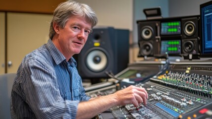 Aufkleber - A sound engineer adjusts audio levels in a studio, surrounded by equipment and monitors.