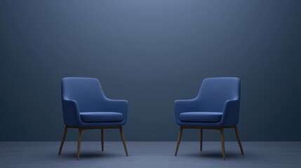 Wall Mural - Two stylish blue chairs facing each other against a dark wall, creating a modern and inviting atmosphere.