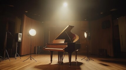 Poster - A grand piano illuminated in a recording studio, highlighting its elegance and musical potential.