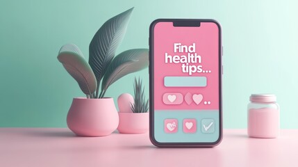 Poster - A smartphone displaying health tips against a pastel background with decorative plants.