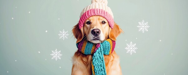 Wall Mural - Pet winter accessories concept with hat and scarf. A cheerful golden retriever wearing a colorful scarf and pink hat against a light green background with snowflakes