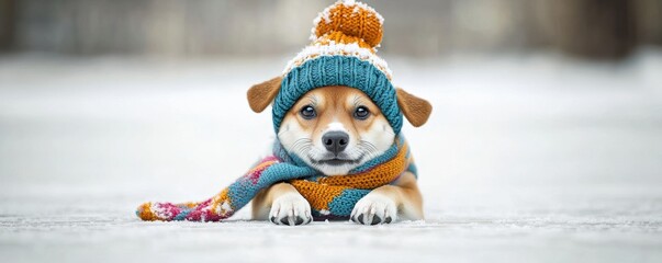 Wall Mural - Pet winter accessories concept with hat and scarf. A cute dog wearing a colorful winter hat and scarf, lying on a snowy surface, exuding warmth and charm