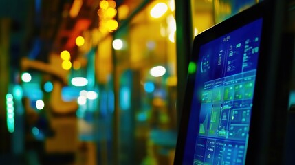 Fototapete - A control panel in a technology-focused industrial setting with vibrant lighting.