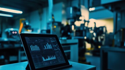 Fototapete - A tablet displaying data analytics in a dimly lit industrial environment.