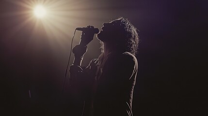Poster - A silhouetted figure sings passionately under a spotlight, creating a dramatic atmosphere.