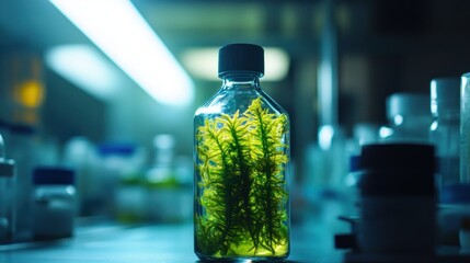 Aufkleber - A bottle containing green plant material, illuminated in a laboratory setting.