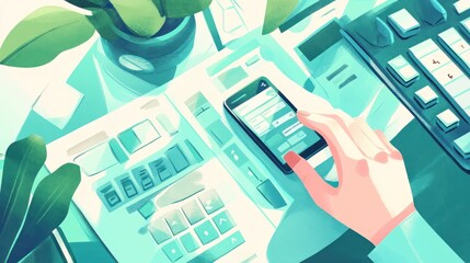 Poster - A hand interacts with a smartphone on a desk with a keyboard and plants.