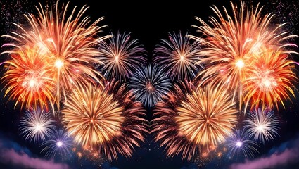 vivid and exciting celebration fireworks exploding against a black sky.