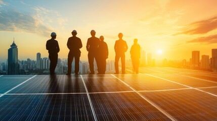 Aufkleber - Silhouetted figures on solar panels at sunset, symbolizing renewable energy and progress.