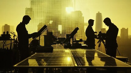 Aufkleber - Silhouettes of workers examining solar panels against a city skyline at sunset.
