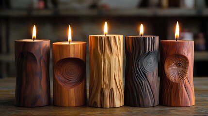 Canvas Print - Four lit candles in carved wooden holders, displayed on a rustic wooden surface.