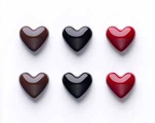 Wall Mural - Row of six chocolate hearts, each a different color, are arranged on a white background. The colors include black, brown, and red. Concept of variety and diversity