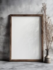 Wall Mural - Blank photo frame mockup leaning on concrete wall with dried plants decoration