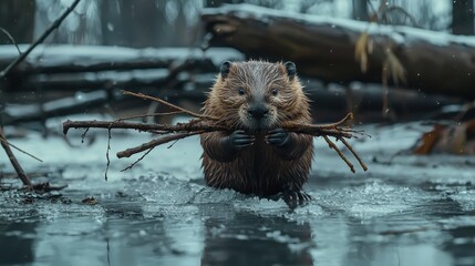 Wall Mural - A Beaver Struggling Through Icy Waters While Carrying Twigs in Its Mouth, Showcasing Nature's Resilience and Adaptability in a Winter Wonderland Setting