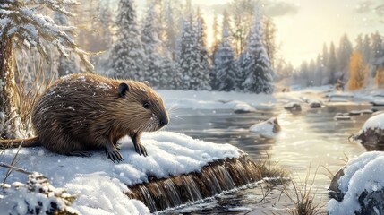 Wall Mural - Beaver Engaged in Building Its Dam in a Serene Winter Landscape with Snow-Covered Trees and a Glimmering River Under Soft Light