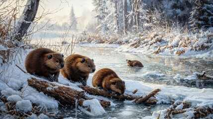 Wall Mural - A Group of Beavers Collaborating in a Winter Landscape to Collect Wood and Construct Dams in a Tranquil Frozen River Setting