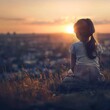 © artemstepanov - Lonely Child Looks at the City from Hill, Sad Small Girl at Sunset, Blurred Background, Copy Space