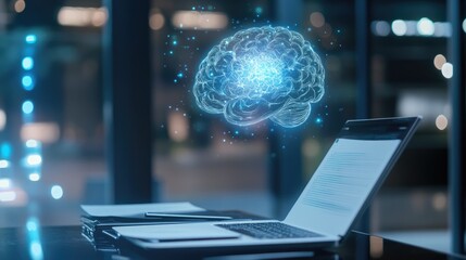 Artificial Intelligence Concept with a Brain Illustration and a Laptop