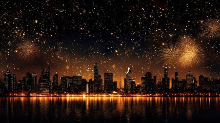 golden festive fireworks in the night sky. New Year's fireworks in the city