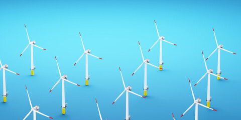 Array of wind turbines on clear blue background. Renewable energy