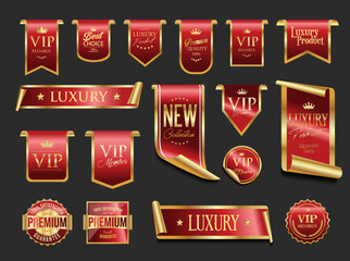 vip and premium emblem red and gold isolated on gray background