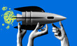 © Morena - Teamwork concept. Halftone hands launching rocket. Modern collage with hands holding rocketship. Business startup, new project. Cooperation concept