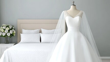 Elegant white wedding dress displayed on a mannequin in a serene bedroom setting with fresh flowers and cozy decor