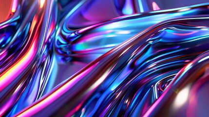 Wall Mural - Abstract Chromatic Liquid Metal Swirls Iridescent Blue, Pink, and Purple 3D Render