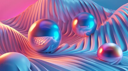 Wall Mural - Abstract 3D Render of Iridescent Spheres on a Wavy Surface with Neon Lighting