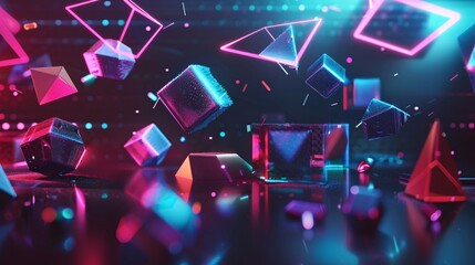 Wall Mural - Neon Geometric Shapes Abstract Background - Futuristic 3D Render