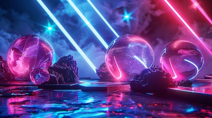 Wall Mural - Neon Glow Abstract Sphere Composition with Pink and Blue Laser Beams