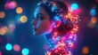 © DigitalVision - Striking Portrait of a Woman Adorned with Intricate and Vibrant Lights Creating a Magical and Ethereal Aura in Colorful Bokeh Background