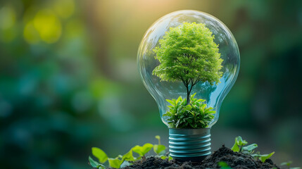 A light bulb encases a vibrant tree, symbolizing the fusion of nature and innovation, promoting environmental awareness and sustainability.