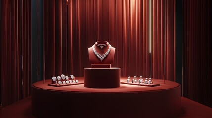 Wall Mural - 16. A podium displaying a handcrafted jewelry set, set against a soft, elegant velvet backdrop in a boutique