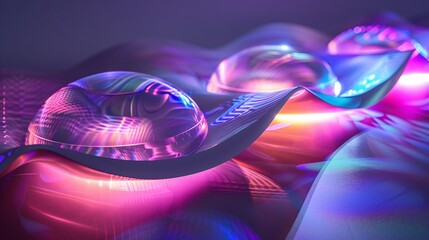 Wall Mural - Abstract Neon Spheres on Wavy Surface Futuristic Digital Art