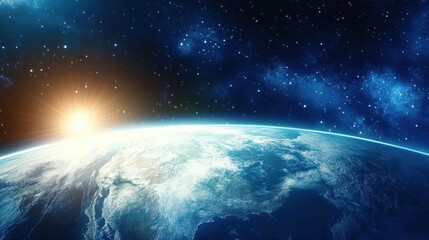 Wall Mural - Majestic View of Earth from Space with a Sun Rising Over Horizon, Capturing the Beauty of Planet and Cosmic Wonder in Stunning Detail