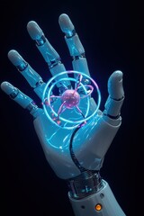 Canvas Print - Futuristic robotic hand holding a glowing neon holographic sphere