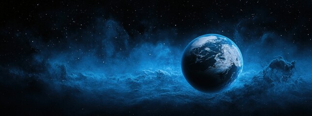 Wall Mural - Awe-Inspiring View of Earth Surrounded by Cosmic Clouds and Stars in a Dark Expansive Universe with a Beautiful Blue Aura