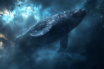 Wall Mural - a whale swimming through a cosmic space scene, blending marine and celestial elements.
