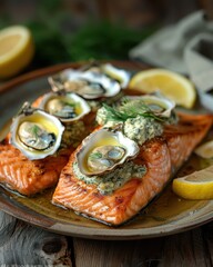 Canvas Print - Deliciously plated salmon topped with oysters, herbs, and lemon slices, showcasing a gourmet seafood dish.