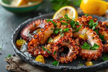 Poster - Grilled octopus garnished with fresh herbs and lemon slices on a rustic plate, showcasing a vibrant and appetizing seafood dish.