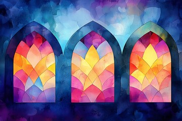 Wall Mural - Abstract Triptych of Colorful Stained Glass Windows A Modern Artistic Rendering. This vibrant image features three arched stained glass windows with a textured, painterly effect.