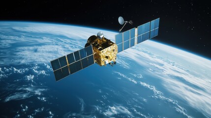satellite orbiting earth: a high-resolution image of a communications satellite orbiting earth, capt