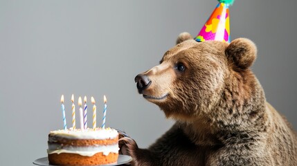 a happy brown bear with a birthday hat looks at a cake with lit candles.