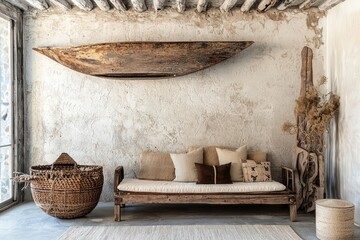 Boho coastal interior with a decorative mockup wall for display.