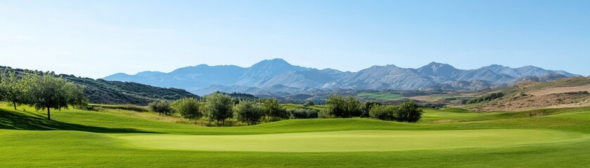 Scenic golf course view with rolling green hills and majestic mountains in the background under a clear blue sky.