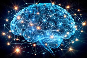Wall Mural - digital data and network connection of human brain isolated on black background. artificial intellig