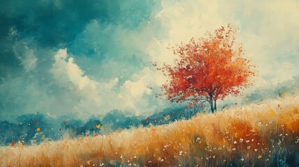 Wall Mural - Lone Tree in Vibrant Meadow