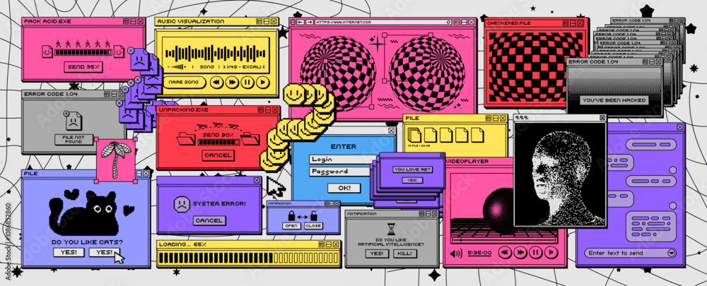 Retro desktop pc interface windows. Vintage colorful digital icons ...