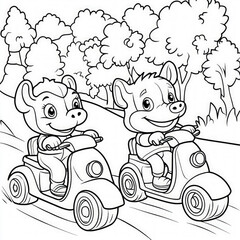 Sticker - An exciting race with animals on scooters, coloring page for kids, simple outline illustration. Coloring book, simple lines.